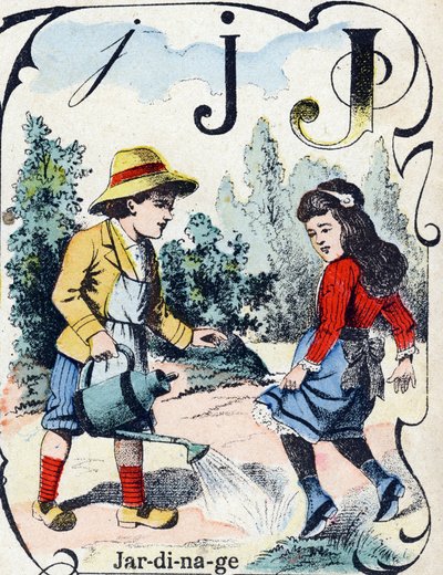 Letter J: Tuinieren. Gravure in "ABC des joux pour petits boys". Beeldvorming van Pont-a-Mousson, Louis Vagne, drukker-uitgever, eind 19e eeuw. Afm: 32,5x25 cm door French School