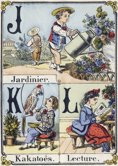 Letter J, K en L: tuinman, kakatoes en lezen. Recreatief alfabet. Epinal beeld, circa 1880 door French School
