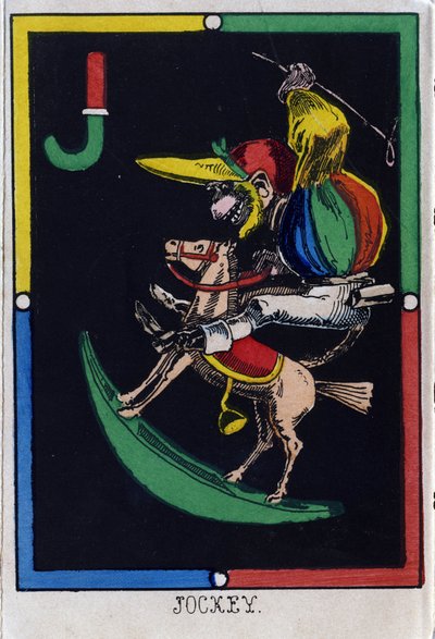 Letter J als jockey (aap op een hobbelpaard). Alfabet van apen. Houtsnede. Beeld van Epinal door French School