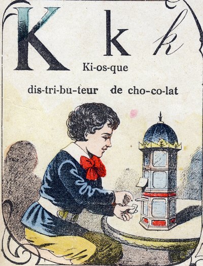 Letter K: chocoladedispenser kiosk. Gravure in "ABC des joux pour petits boys". Beeldvorming van Pont-a-Mousson, Louis Vagne, drukker-uitgever, eind 19e eeuw. Afm: 32,5x25 cm door French School