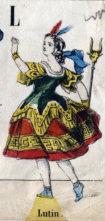 Letter L: Kabouter. Gravure in "Alfabet maskerades". Nieuwe Epinal beeldvorming. Druk-lithografie Pinot et Sagaire, uitgevers, Epinal, tweede helft van de 19e eeuw. Plaat Nr 491 met 25 verlichte letters. Afm: 40,5x28cm door French School