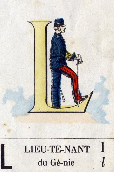 Letter L als luitenant. Militair alfabet. Beeldvorming van Epinal, circa 1870-1880. Stencil-gekleurde houtsneden door French School