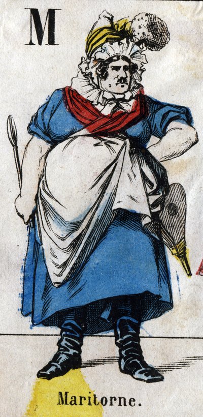 Letter M: Maritorne. Gravure in "Alfabet maskerades". Nieuwe Epinal beeldvorming. Druk-lithografie Pinot et Sagaire, uitgevers, Epinal, tweede helft van de 19e eeuw. Plaat Nr 491 met 25 verlichte letters. Afm: 40,5x28cm door French School