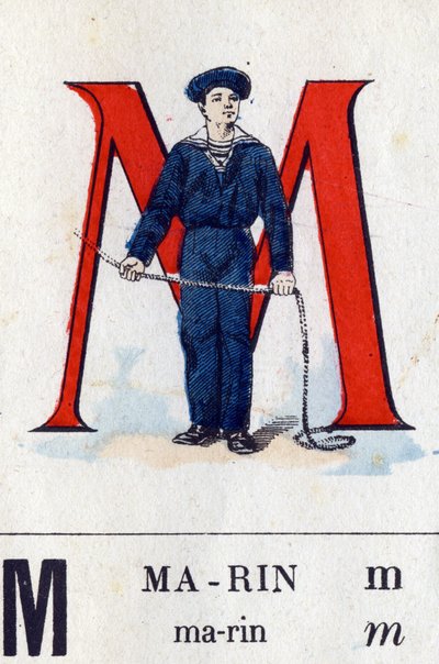 Letter M als Marin. Militair alfabet. Beeldvorming van Epinal, circa 1870-1880. Stencil-gekleurde houtsneden door French School