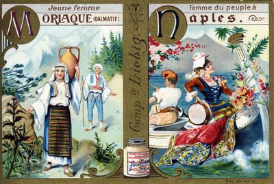 Letter M als Morlac Jonge Vrouw en N als Vrouw van het Volk in Napels. Vrouwenalfabet. Serie van 12 afbeeldingen. Liebig-reclame door French School