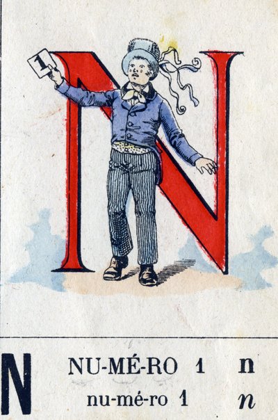 Letter N als nummer 1. Militair alfabet. Beeldvorming van Epinal, circa 1870-1880. Stencil-gekleurde houtsneden door French School