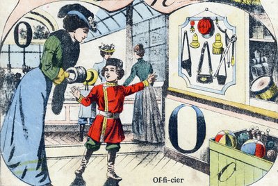 Letter O: Officier. Gravure in "ABC des joux pour petits boys". Beeldvorming van Pont-a-Mousson, Louis Vagne, drukker-uitgever, eind 19e eeuw. Afm: 32,5x25 cm door French School