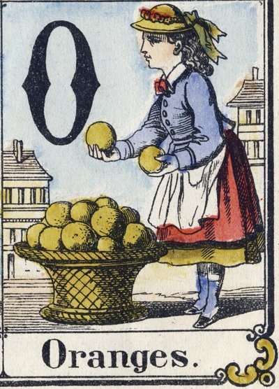 Letter O: Sinaasappels. Recreatief alfabet. Epinal beeld, circa 1880 door French School