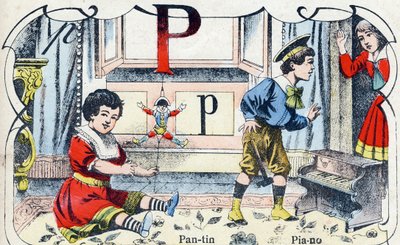 Letter P: Pantin Piano. Gravure in "ABC des joux pour petits boys". Beeldvorming van Pont-a-Mousson, Louis Vagne, drukker-uitgever, eind 19e eeuw. Afm: 32,5x25 cm door French School