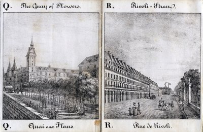 Letter Q en A: De bloemenkade en de straat van Rivoli - "Alphabet Picturesque des Monumens de Paris” c.1840 (gravure) door French School