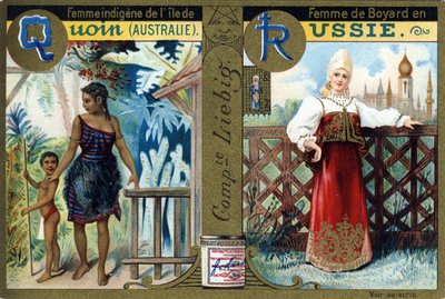 Letter Q als Inheemse Vrouw van Quoin Island en R als Boyars Vrouw in Rusland. Vrouwenalfabet. Serie van 12 afbeeldingen. Liebig reclame door French School