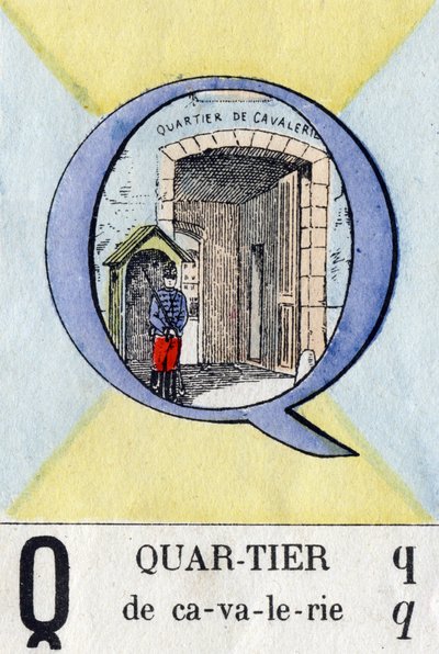 Letter Q als buurt. Militair alfabet. Beeldvorming van Epinal, circa 1870-1880. Stencil-gekleurde houtsneden door French School