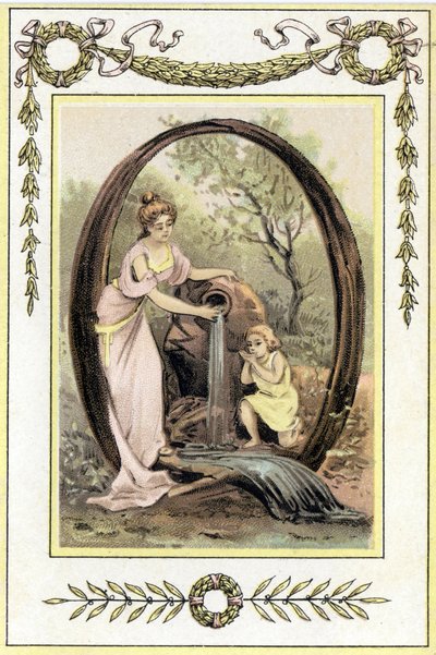 Letter Q die een moeder en haar zoon voorstelt die water drinken uit de bron, eind 19e eeuw (chromolithografie) door French School