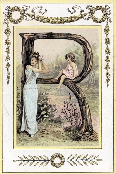 Letter R die een moeder en dochter voorstelt, eind 19e eeuw (chromolithografie) door French School