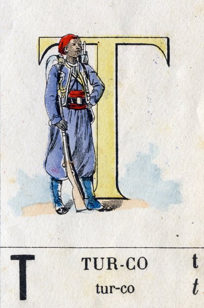 Letter T zoals turco. Militaire alfabet. Beeld van Epinal, circa 1870-1880 door French School