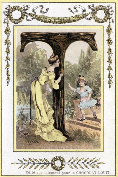 Brief T die een moeder en haar dochter verstoppertje spelend voorstelt, eind 19e eeuw (chromolithografie) door French School