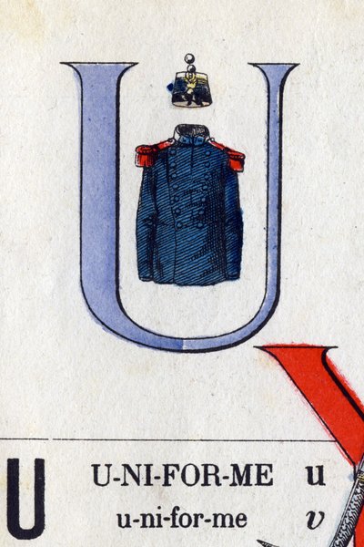 Letter U als uniform. Militair alfabet. Beeldvorming van Epinal, circa 1870-1880. Stencil-gekleurde houtsneden door French School