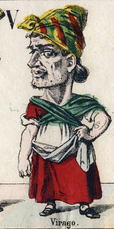 Letter V: Virago (Door denigratie, meisje of vrouw van grote omvang, die de manieren van een man heeft). Gravure in "Comic Alphabet". Nieuwe Epinal beeld. Lithografie Pinot et Sagaire, uitgevers, tussen 1860 en 1888 door French School