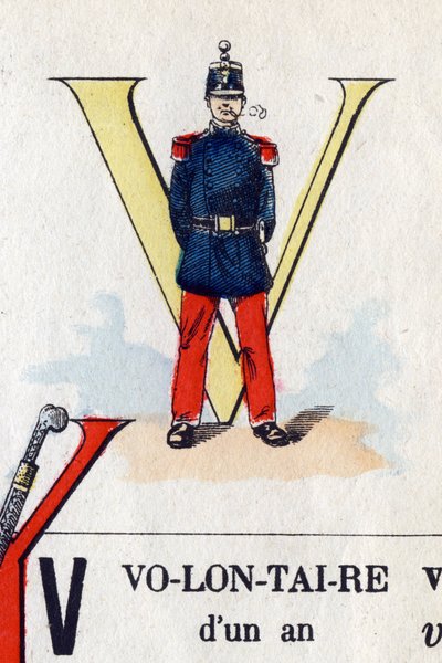 Letter V als vrijwilliger. Militair alfabet. Beeldvorming van Epinal, circa 1870-1880. Stencil-gekleurde houtsneden door French School
