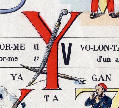 Letter Y als yatagan. Militair alfabet. Beeldvorming van Epinal, circa 1870-1880. Stencil-gekleurde houtsneden door French School