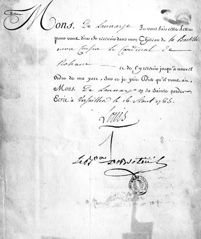Brief van Carhel, ondertekend door Baron Louis de Breteuil, met bevel tot gevangenneming van Kardinaal de Rohan in 