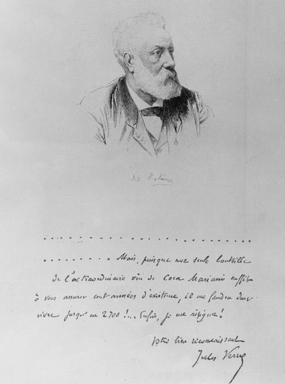 Brief van Jules Verne met portret van de schrijver (1828-1905). door French School