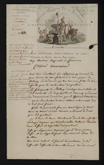 Brief van het Agence Generale des Armes, Poudres et Mines, Brussel, na de annexatie van de Zuidelijke Nederlanden door Frankrijk door French School