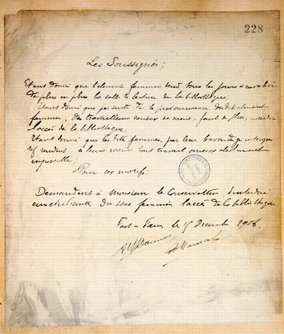 Protestbrief met verzoek om vrouwen de toegang tot de Sorbonne-bibliotheek te weigeren door French School