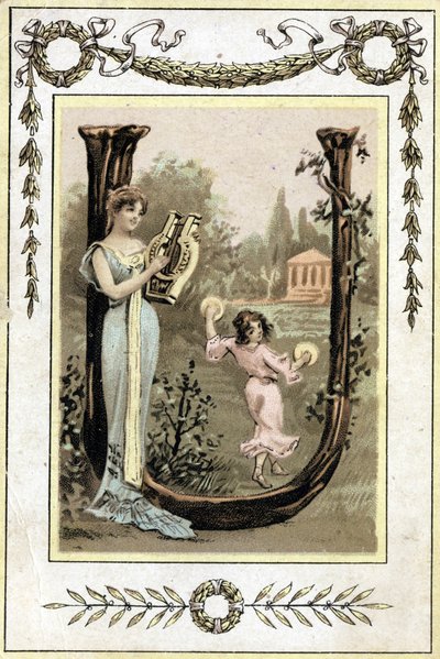 Brief die een moeder die lier speelt en haar dochter die danst met pauken voorstelt, eind 19e eeuw (chromolithografie) door French School