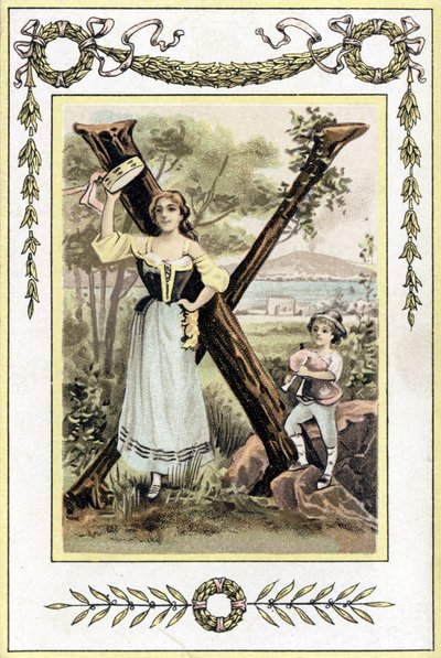 Brief die een moeder met een pauk en haar zoon als herder met een doedelzak voorstelt, eind 19e eeuw (chromolithografie) door French School