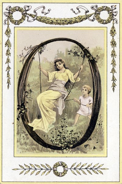 Brief met een schommelende moeder en haar zoon, eind 19e eeuw (chromolithografie) door French School