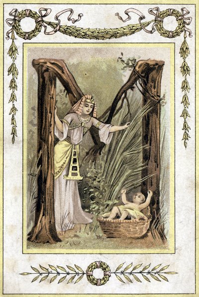 Brief die een Egyptische moeder die een verlaten kind vindt (Mozes redt wateren) voorstelt, eind 19e eeuw (chromolithografie) door French School