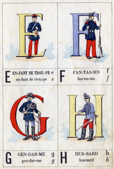 Letters E als troepkind, F als infanterist, G als lakei en H als huzaar. Militair ABC. Beeld van Epinal door French School