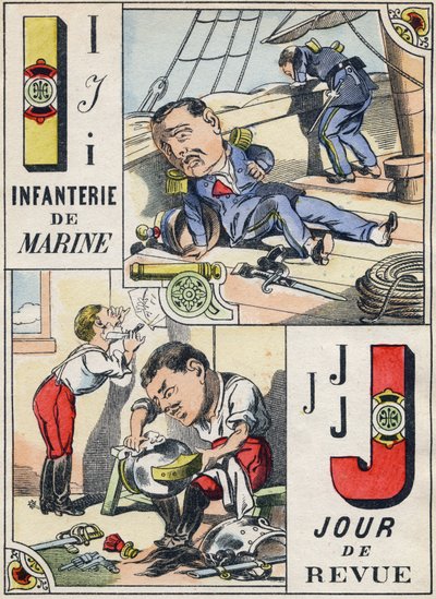 Letters I en J: Marine Infanterie en Beoordelingsdag. Gravure in "Comic Military Alphabet". Vijfde serie. Epinal beeld, eind 19e eeuw door French School