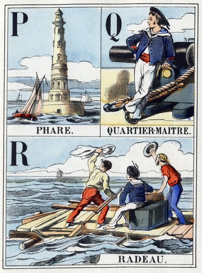 Letters P als vuurtoren, letter Q als kwartiermeester, letter R als vlot. Marine abecedarium van 16 pagina