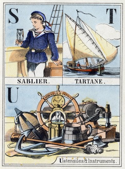 Letters S als zandloper, letter T als tartaan, letter U als gereedschap en instrumenten. Marine abecedarium van 16 pagina