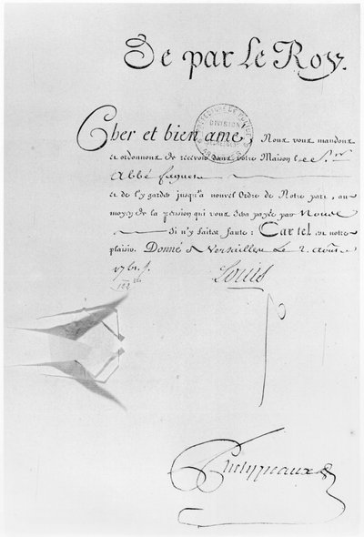 Lettre de Cachet van koning Lodewijk XV om de Abbe Faguer gevangen te zetten, 2 augustus 1761 (pen en inkt op papier) door French School