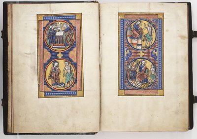 Lewis Psalter ff.8v-9r, Presentatie in de Tempel, en de Drie Verleidingen van Christus, c.1225-40 (tempera & goud op perkament) door French School