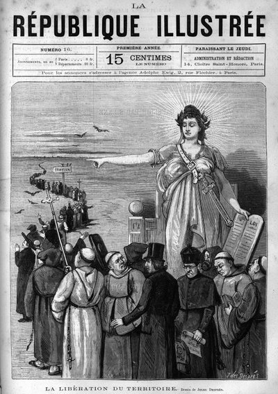 Bevrijding van het grondgebied: de Franse Republiek verdrijft ongeautoriseerde religieuze congregaties van Frans grondgebied na de decreten van maart 1880 genomen door Jules Ferry en ontneemt hen het recht om les te geven. Een krant. Gravure uit 1880 in 