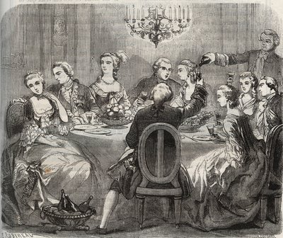 Libertinage: Christian VII (1749-1808), Koning van Denemarken en Noorwegen, tijdens een libertijns feest georganiseerd door de danseres Marie Madeleine Guimard (1743-1816) in haar huis in Pantin. Gravure uit 1871 in 