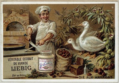 Liébig recepten: gans met kastanjes - chromo. Liébig door French School