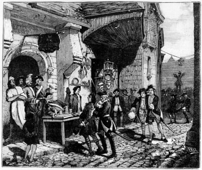 Het leven in Parijs onder Lodewijk XV: de sollicitanten wachtten op de jonge en naïeve provinciaal, hangend aan de kraaien - in "Parijs door de eeuwen heen" door Gerouillac door French School
