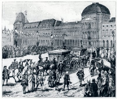 Het leven onder Lodewijk XV: de koning arriveert bij het Palais des Tuileries, waar de koningin en de dauphine op hem wachten - in "Parijs door de eeuwen heen" door Gerouillac door French School
