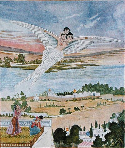 De twee kleintjes de lucht in tillen, illustratie uit 