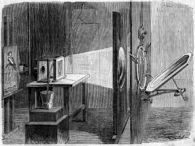 Lichtdeur toegepast op fotografie uitgevonden door Edouard Delessert (1828-1898). De spiegel weerkaatst de zonnestralen en stuurt ze terug naar een lens die ze bundelt in een straal om ze te laten samenkomen op een cliché waarvan het beeld, gereproduceerd  door French School