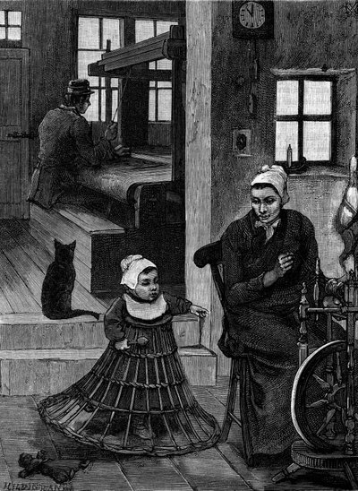 Linnen: weversinterieur met wever en spinnewiel. Gravure in 