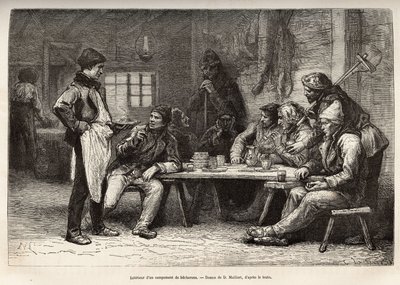 Het interieur van een houthakkerskamp in Ontario. Gravure naar een tekening van D. Maillard. door French School