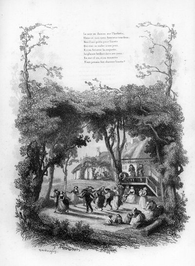 Lisette lied. Feest en dans in een dorp op het platteland. Gravure in 