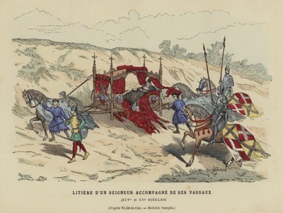 Draagstoel van een edelman vergezeld door zijn vazallen, 14e of 15e eeuw door French School