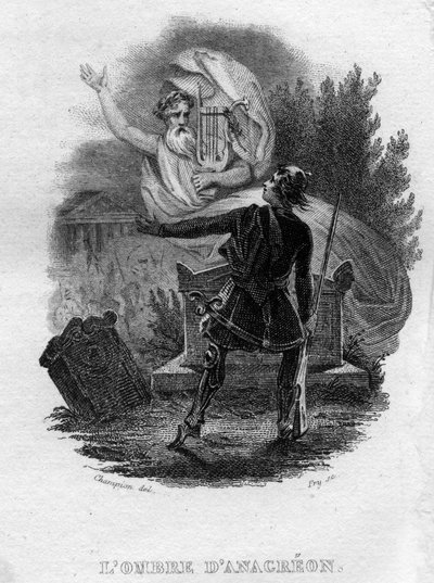 De schaduw van Anacreon Chanson de Beranger in "Oeuvres completes" (1834) door Pierre Jean de Beranger (1780-1857), Franse dichter en songwriter. door French School